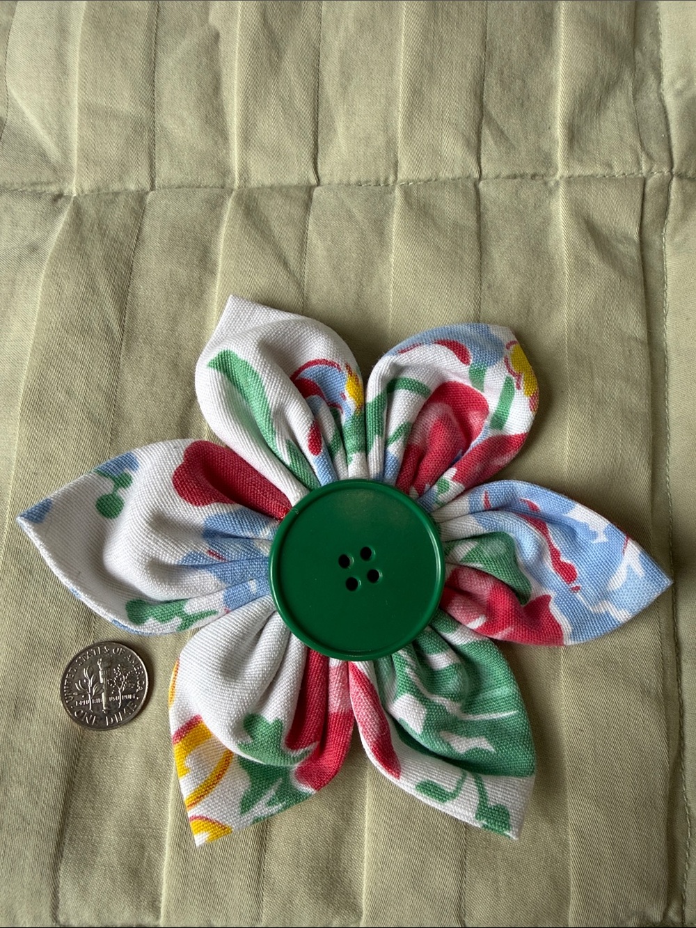 Handmade Floral Fabric Flower Brooch/Pin with Green Button